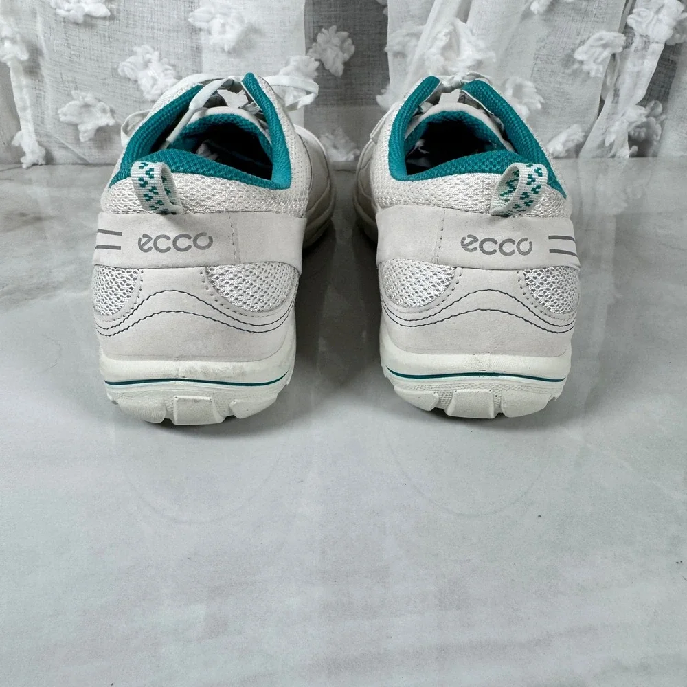 Ecco Leather Sneakers Off-White Teal Lace Up Comfort Casual EU 42 US 11/11.5‎
